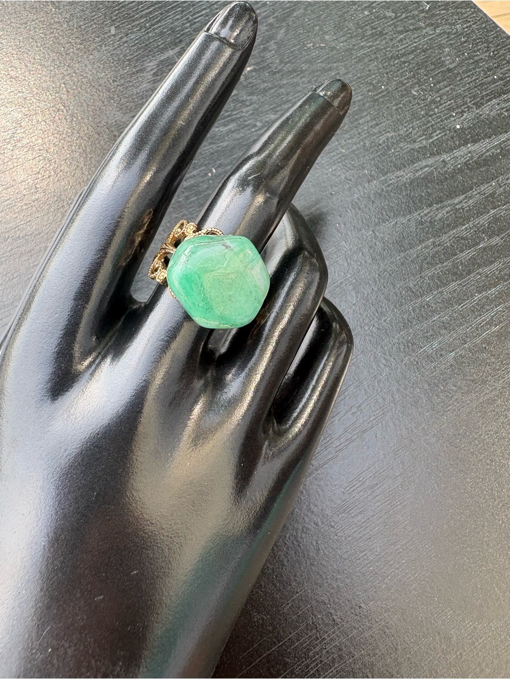 Adjustable Gold-Tone Filigree Ring with Green Gemstone - Picture 2 of 11